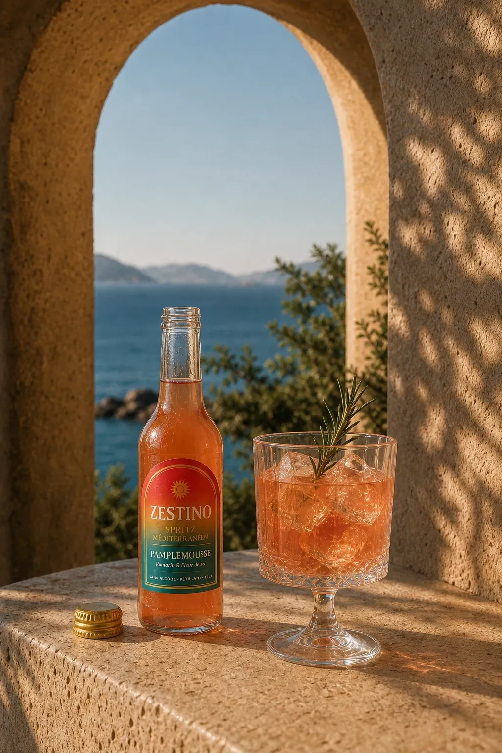 Zestino servi au comptoir, bouteille et verre.