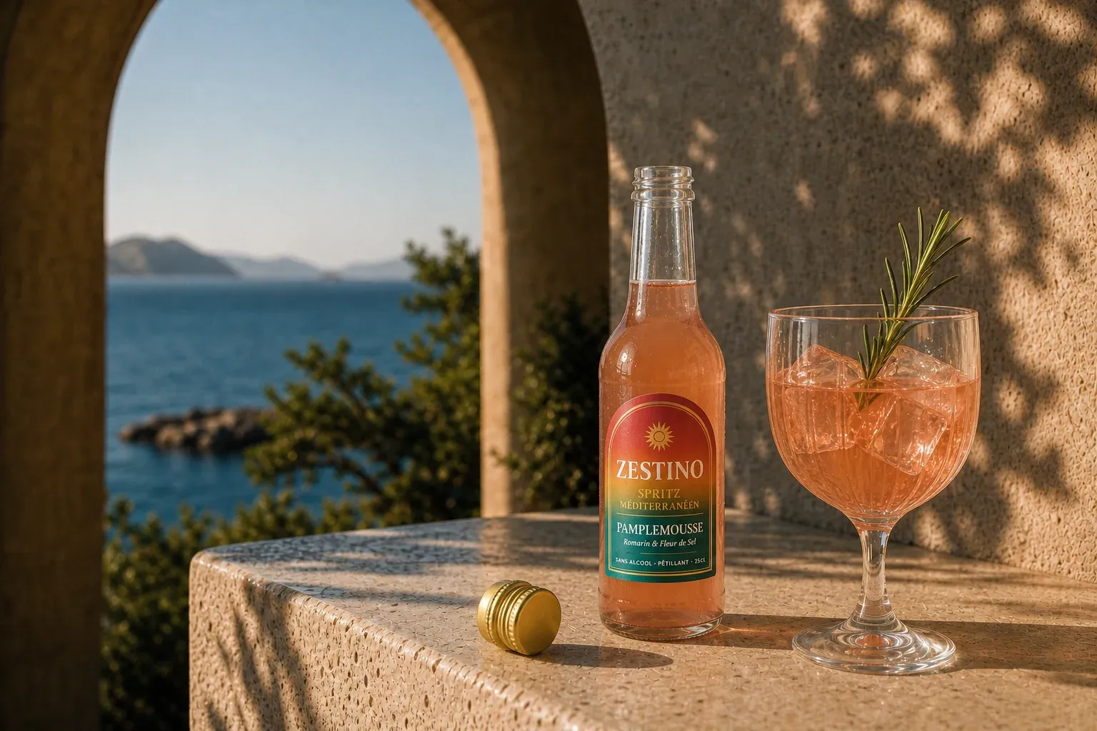 Zestino servi dans un calice à spritz, avec glace et brin de romarin.