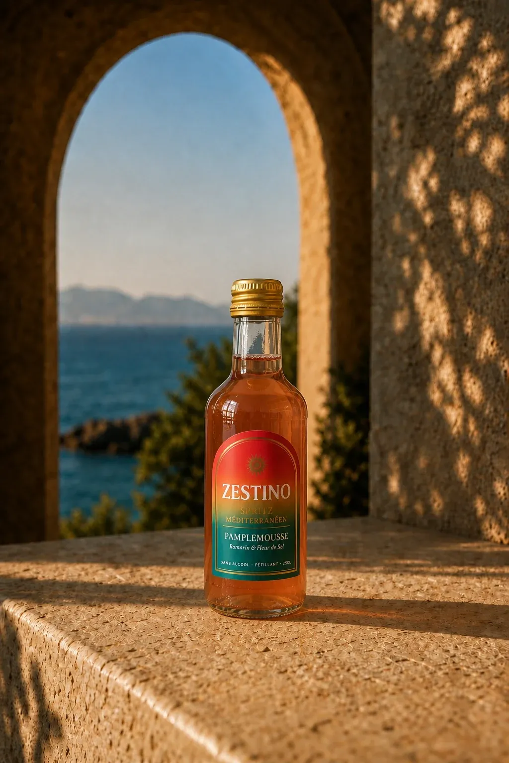 La bouteille Zestino de 25 cl, capsule dorée et étiquette pamplemousse, romarin, fleur de sel.