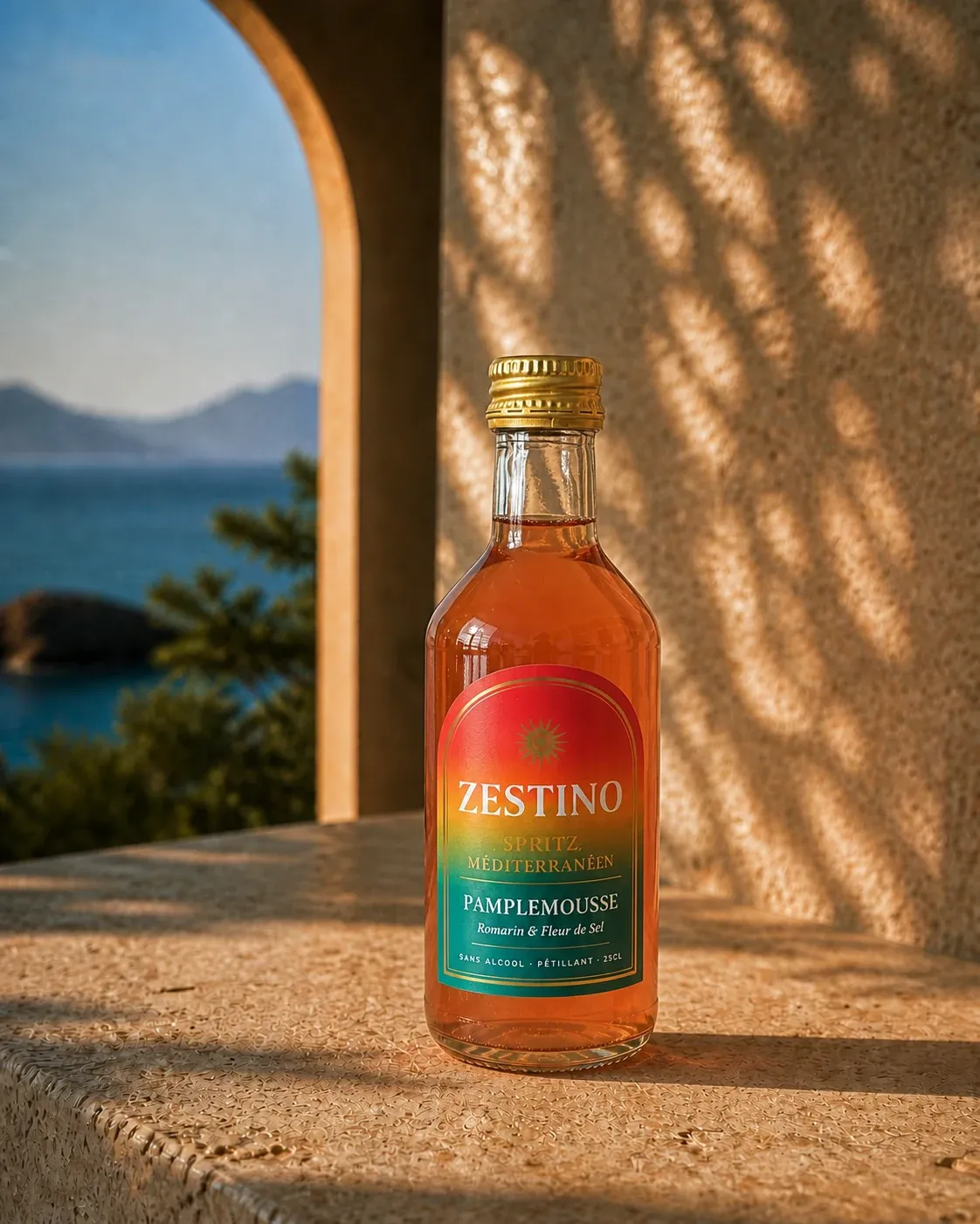 La bouteille Zestino posée sur une surface de pierre, étiquette de face.